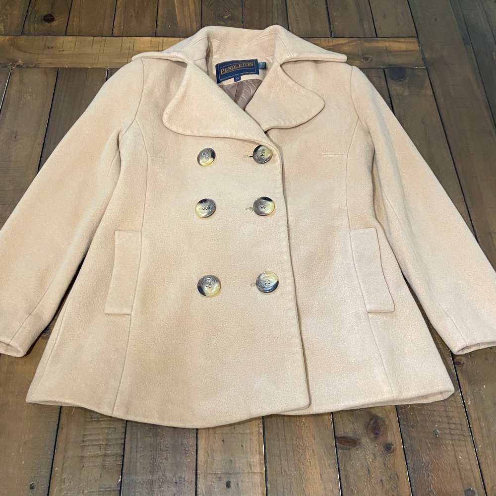 Vintage Pendleton Womens Tan Beige Wool Double Breasted Pea Coat Jacket XS